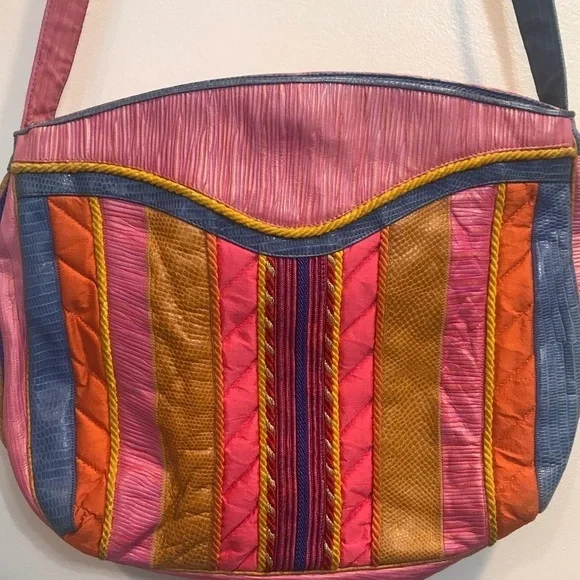 Vintage Sherif Leather Fabric Color Block Fringe Shoulder Bag Embossed
